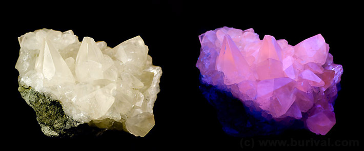 Calcite in daylight and pink fluorescence in UV-B black light