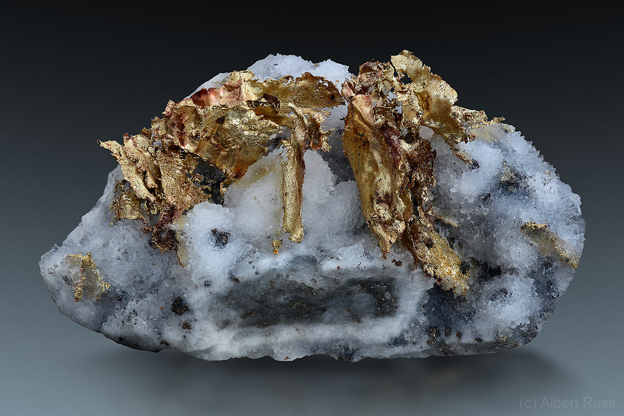 native gold on quartz mineral specimen from Verespatak, Romania