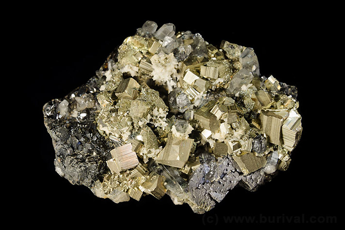 Cluster of pyrite and sphalerite crystals from Banska Stiavnica, Slovakia