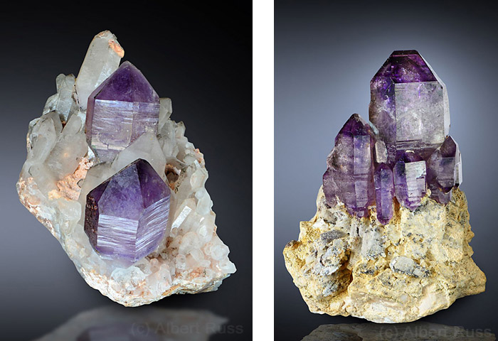 Purple amethyst scepter crystals on milky quartz from Namibia