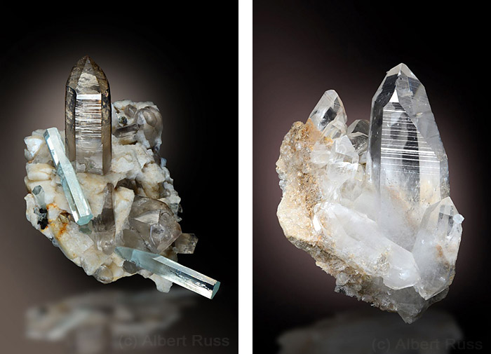 Aesthetic cluster of smoky quartz crystals with feldspars and aquamarine from Pakistan