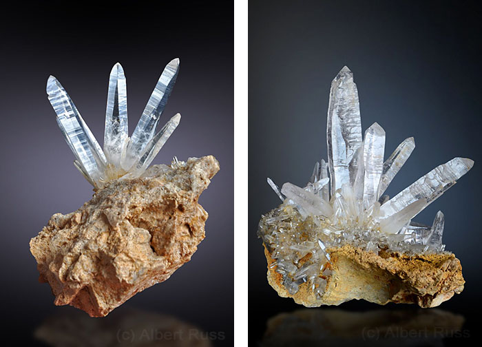 Group of thin long clear quartz crystals from Sobov in Slovakia