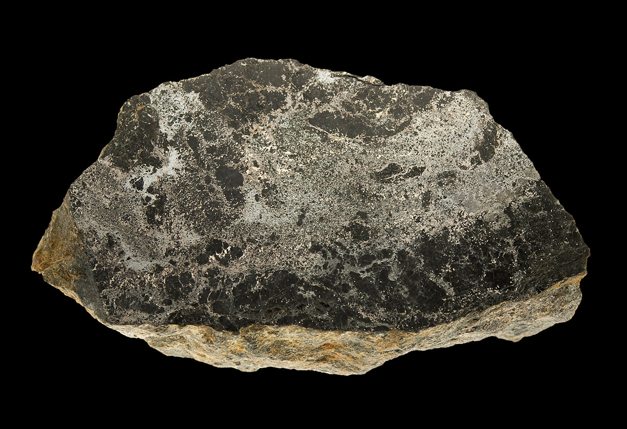 Polished slab with native antimony, stibnite, berthierite and gudmundite from Pezinok, Slovakia