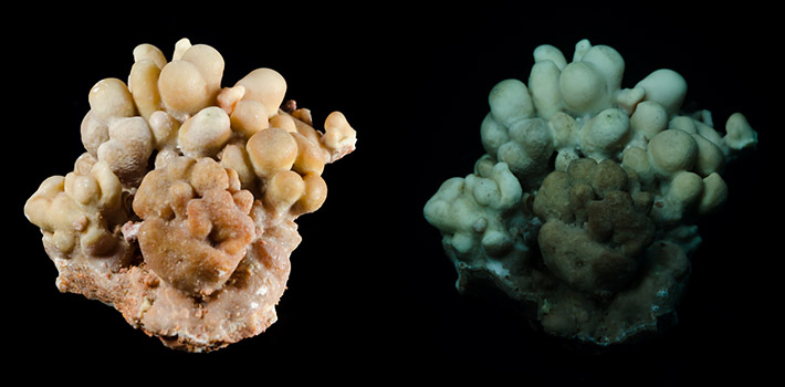 Stalactitic aragonite from Vitošov, Czech Republic in daylight and UV light