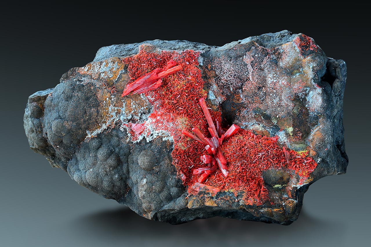 Excellent botryoidal arsenic  with red realgar crystals from Jáchymov, Czech Republic
