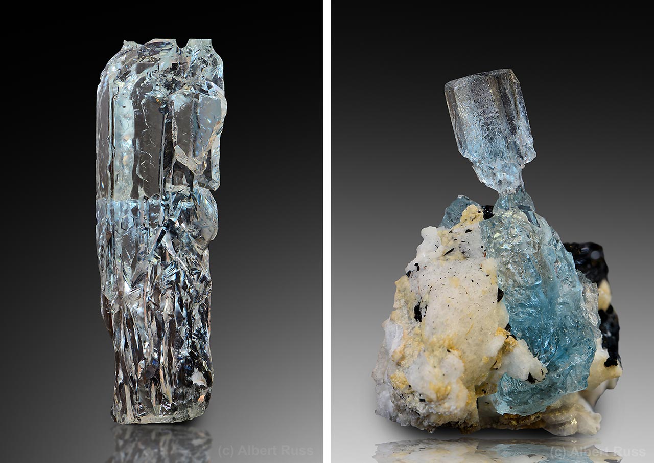 Etched crystals of gemmy aquamarines from Pakistan