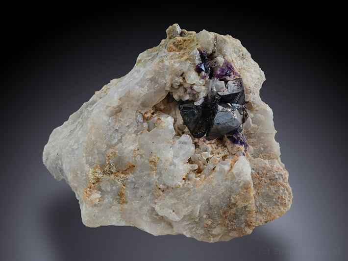 Cassiterite crystals with purple fluorite on quartz matrix from Huber stock, Krasno, Czech Republic