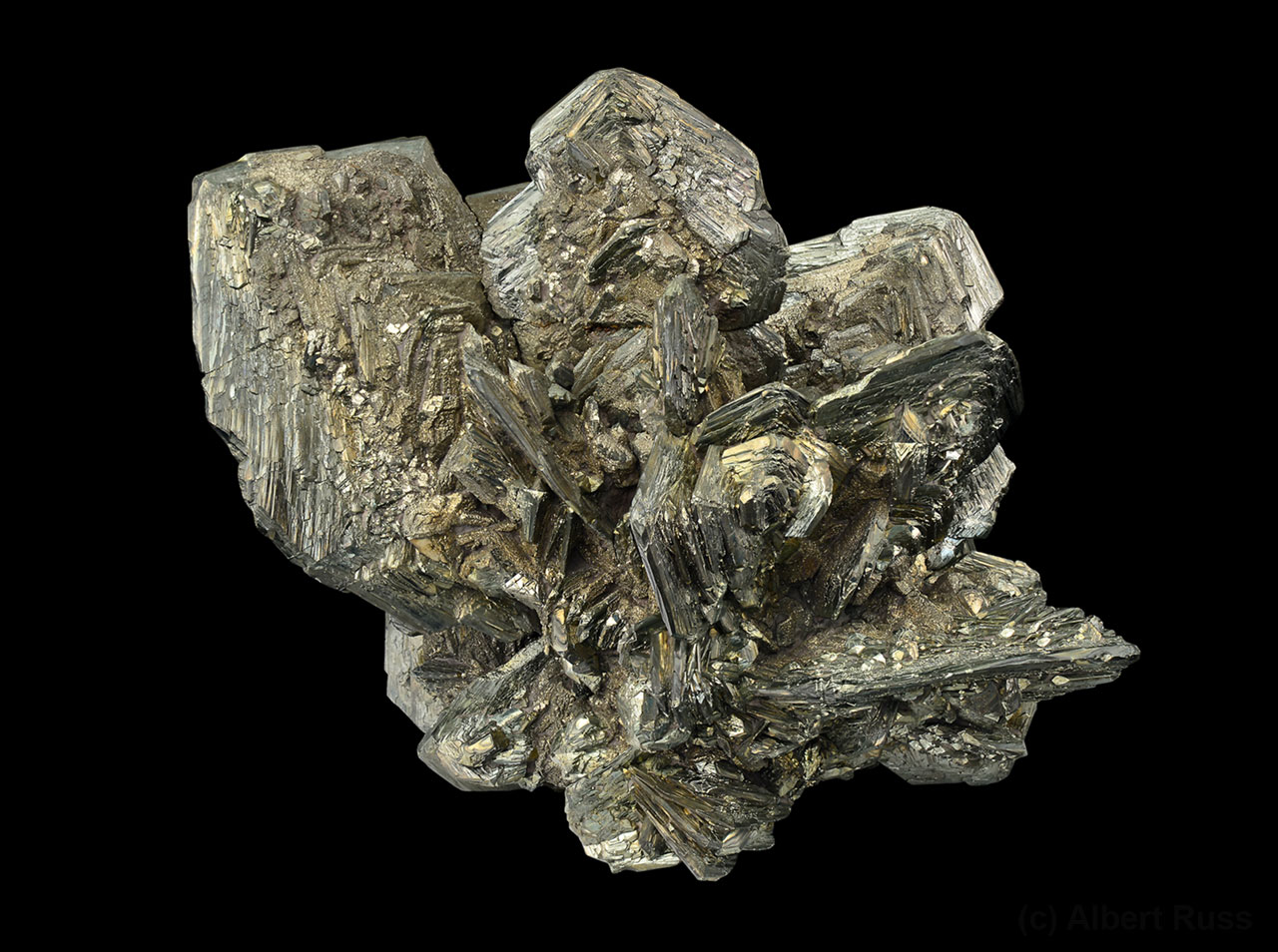 Typical cluster of twinned marcasite crystals from Sokolov, Czech Republic
