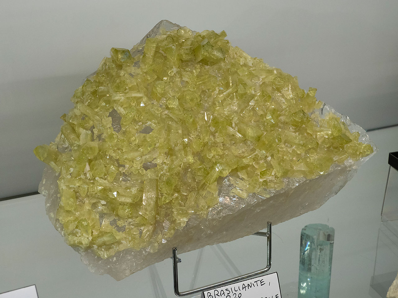 Classic yellow brazilianite crystals on quartz from Linópolis, Minas Gerais, Brazil