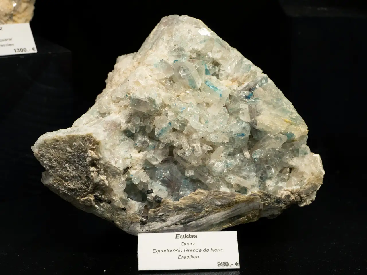 Quite big cluster with typical blue-striped euclase crystals from Brazil.