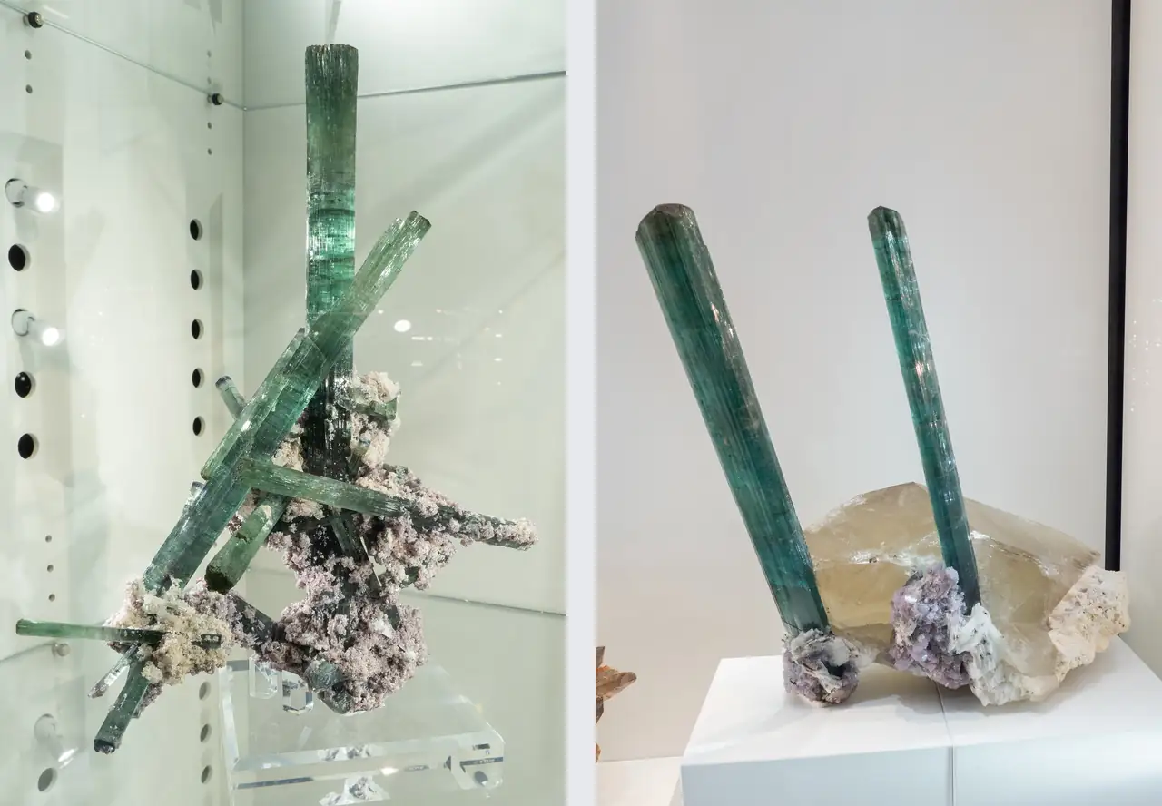 Thin and long green tourmaline crystals from Brazil.