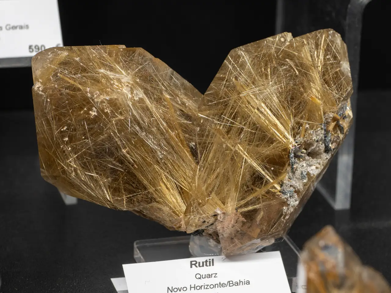 Rutilated quartz crystals with dense golden rutile needles inside from Novo Horizonte, Bahia, Brazil. 