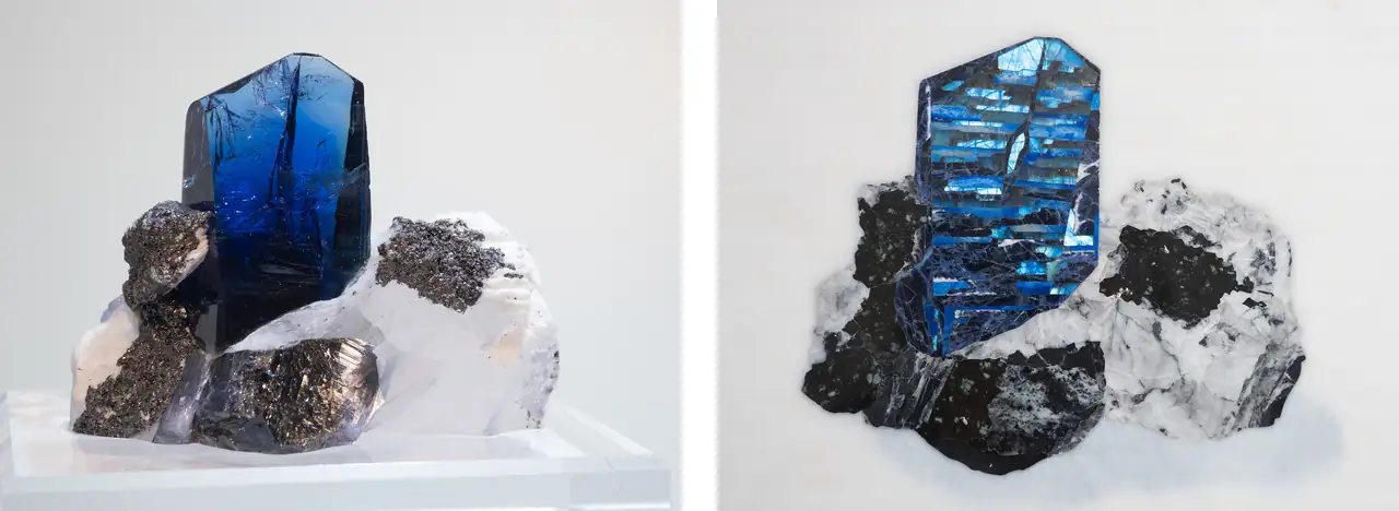Mineral specimen and Pietra Dura mosaic (Scarpelli mosaici) of tanzanite on matrix from Merelani Hills, Tanzania.