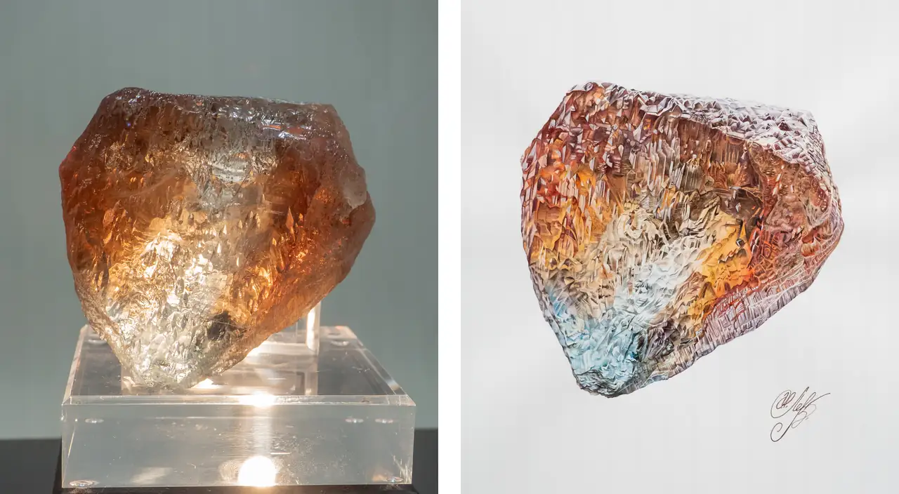 Mineral specimen and Ksenia Levterova painting of bi-color topaz crystal from Khoroshiv (ex. Volodarsk-Volynskii), Ukraine.