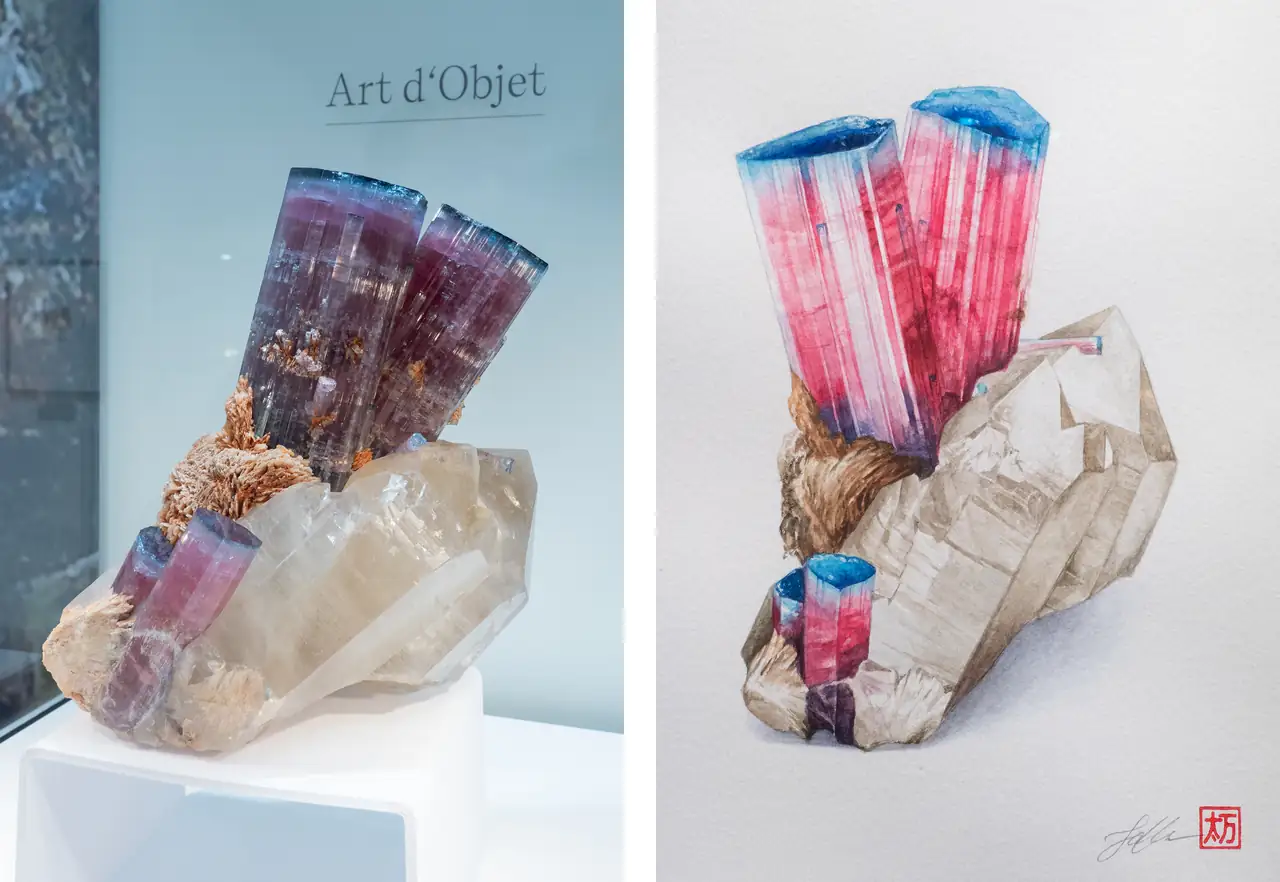 Mineral specimen and Tama Higuchi-Roos painting of  tourmaline nicknamed Rabbit Ears from Tourmaline Queen Mine, Pala, California, USA.