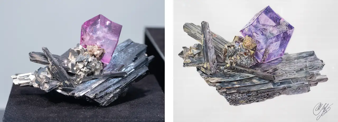 Mineral specimen and Ksenia Levterova painting of wolframite, fluorite and pyrite cluster from Yaogangxian Mine, Hunan, China.