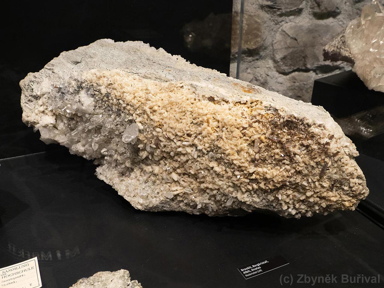 Cluster of quartz, adularia, brookite and anatase from Riedertobel, Switzerland