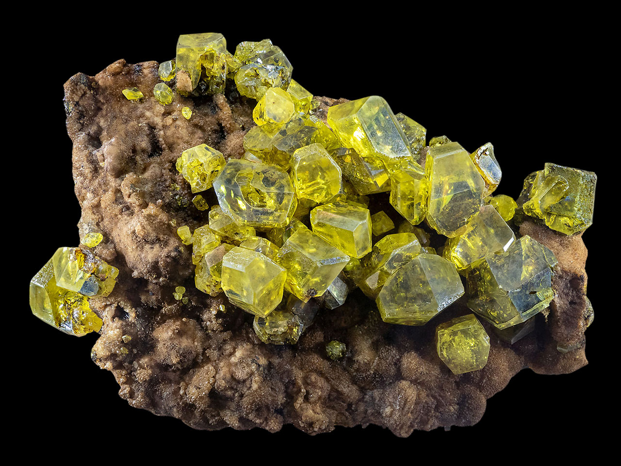 Huge cluster of excellent yellow sulphur crystals on dark bitumen-colored matrix from unspecified mine in Sicily, Italy