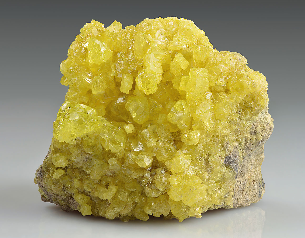 Typical cluster of pure yellow sulphur crystals from El Desierto Mine, San Pablo de Napa, Potosí, Bolivia.