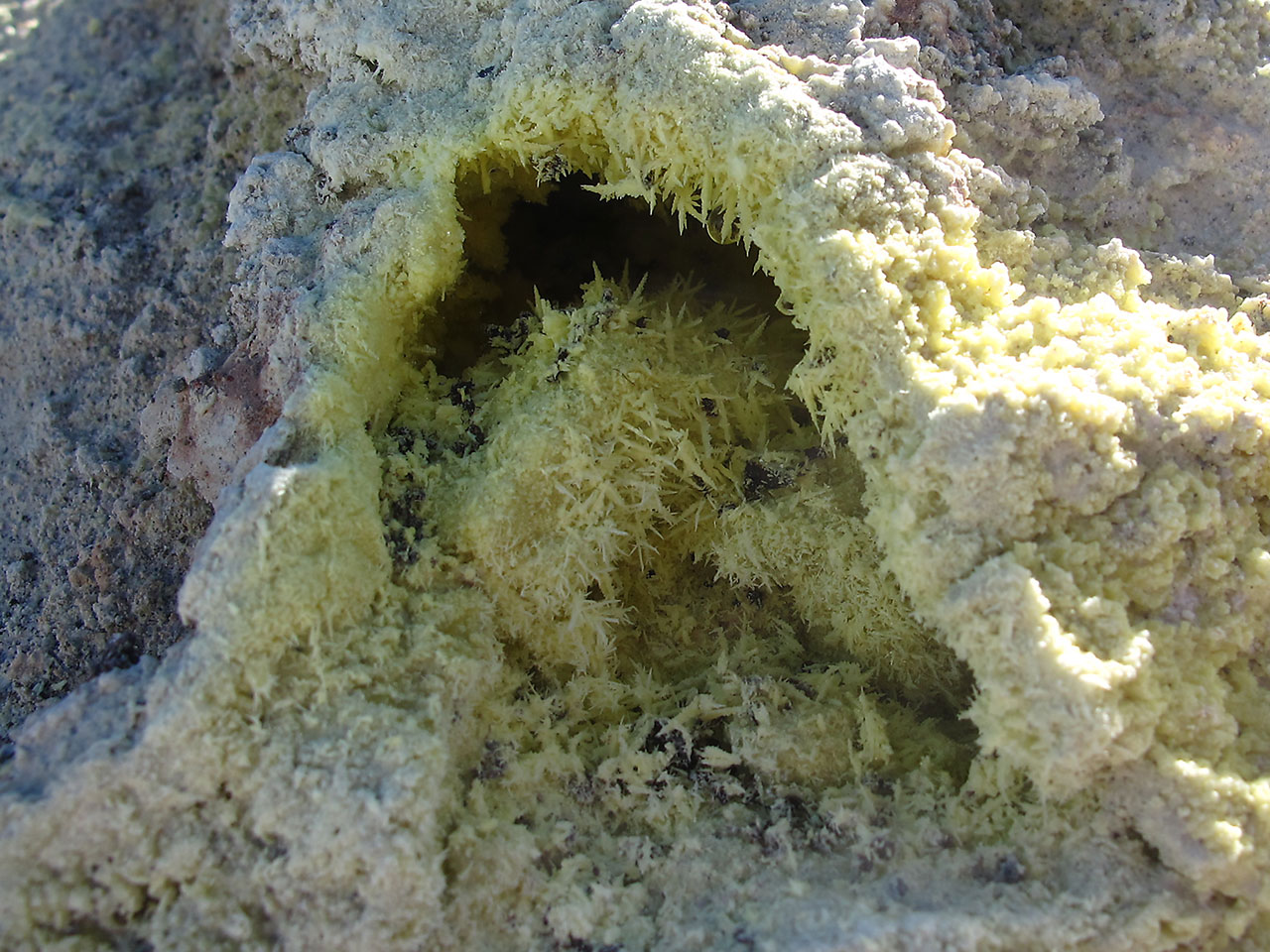 Volcanic vent with recently formed thin elongated sulphur crystals on Avachinsky volcano, Kamchatka, Russia. 