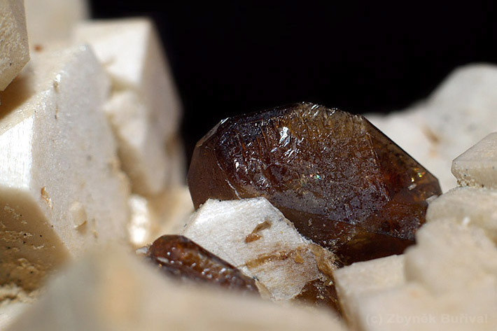 Wedge shaped brown titanite crystal on albite from Imilchil, Morocco