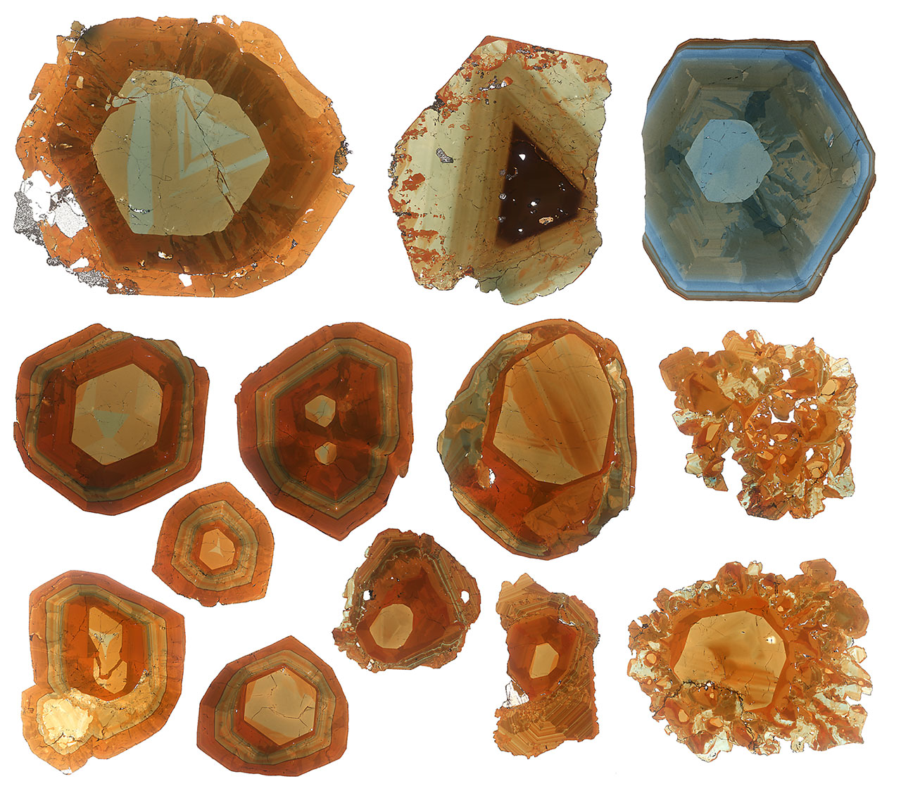 Thin sections of various macroscopically black tourmalines perpendicular to C axis, showing their true brown-green-blue colors.