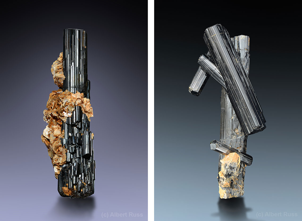 Black tourmaline (probably schorl) crystals from Vysočina region, Czech Republic.