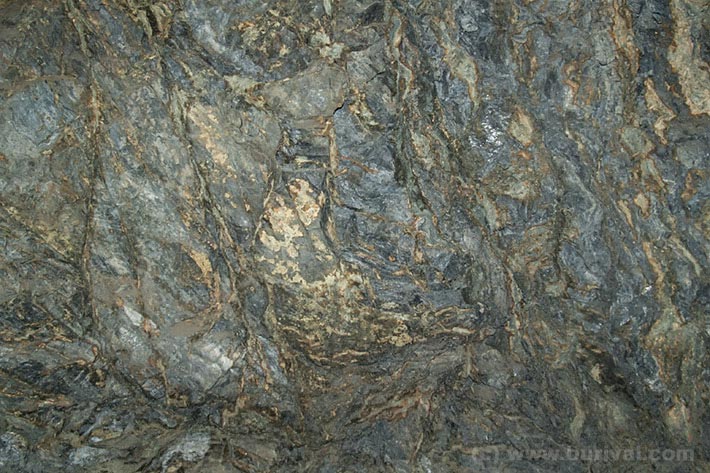 Detail of fault zone with graphite, pyrite, coffinite and yellow secondary uranium minerals