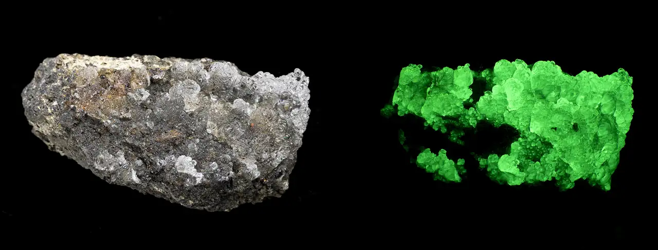 Hyalite opal from Tarcal, Hungary in daylight (left) and 255 nm short-wave UV-C (right)