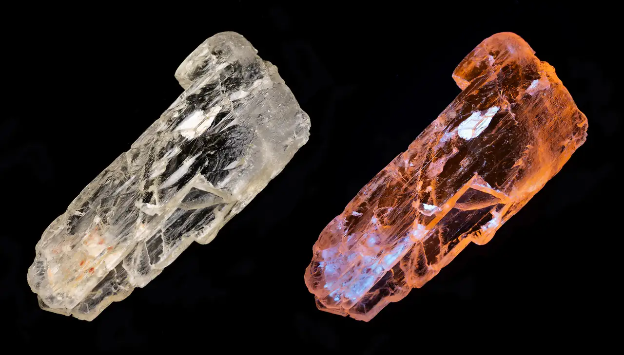 Spodumene from Galileia, Minas Gerais, Brazil in daylight (left) and 365 nm long-wave UV-A (right)