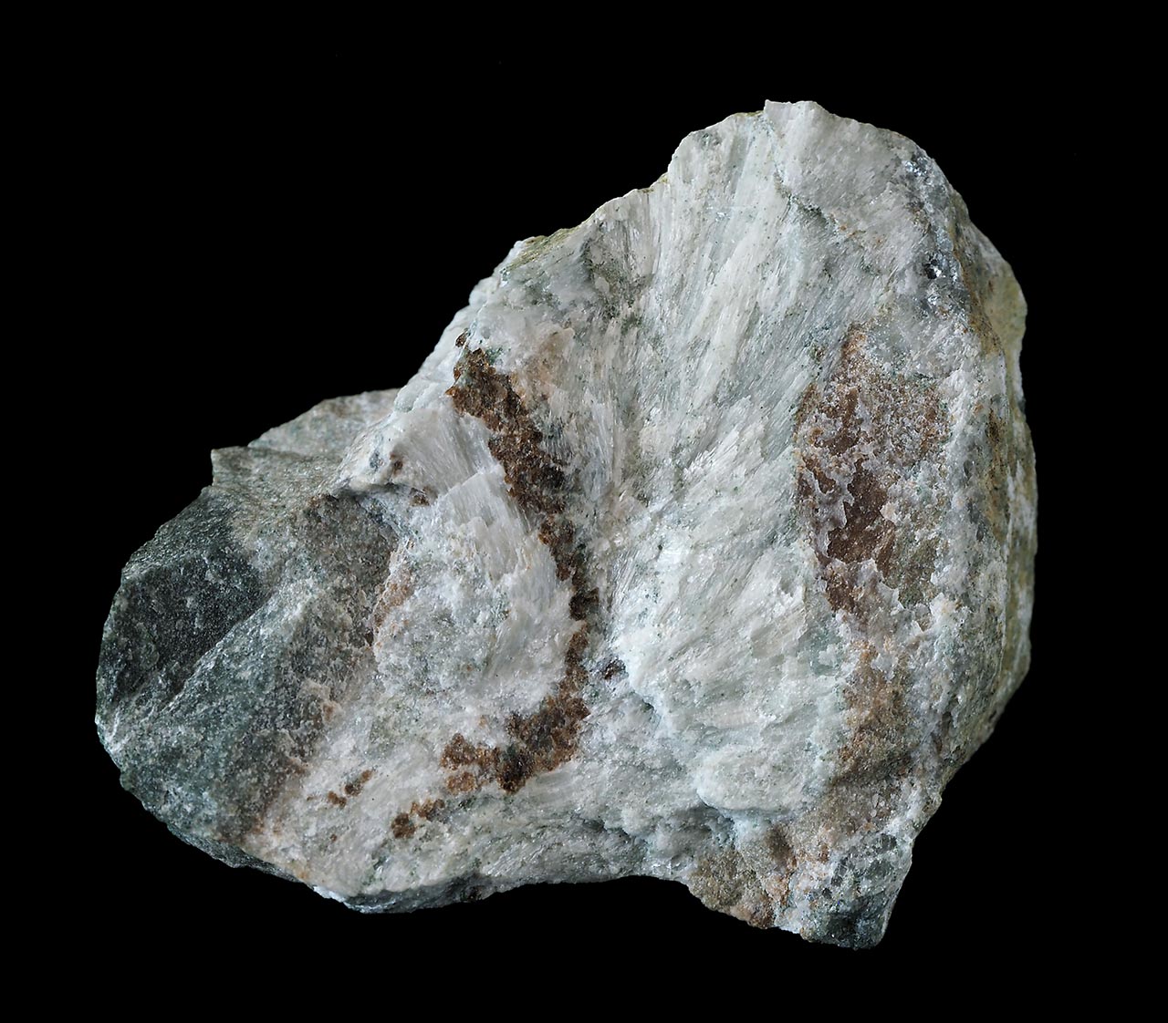 Acicular white wollastonite with red-brown andradite mineral specimen from Mirošov, Czech Republic