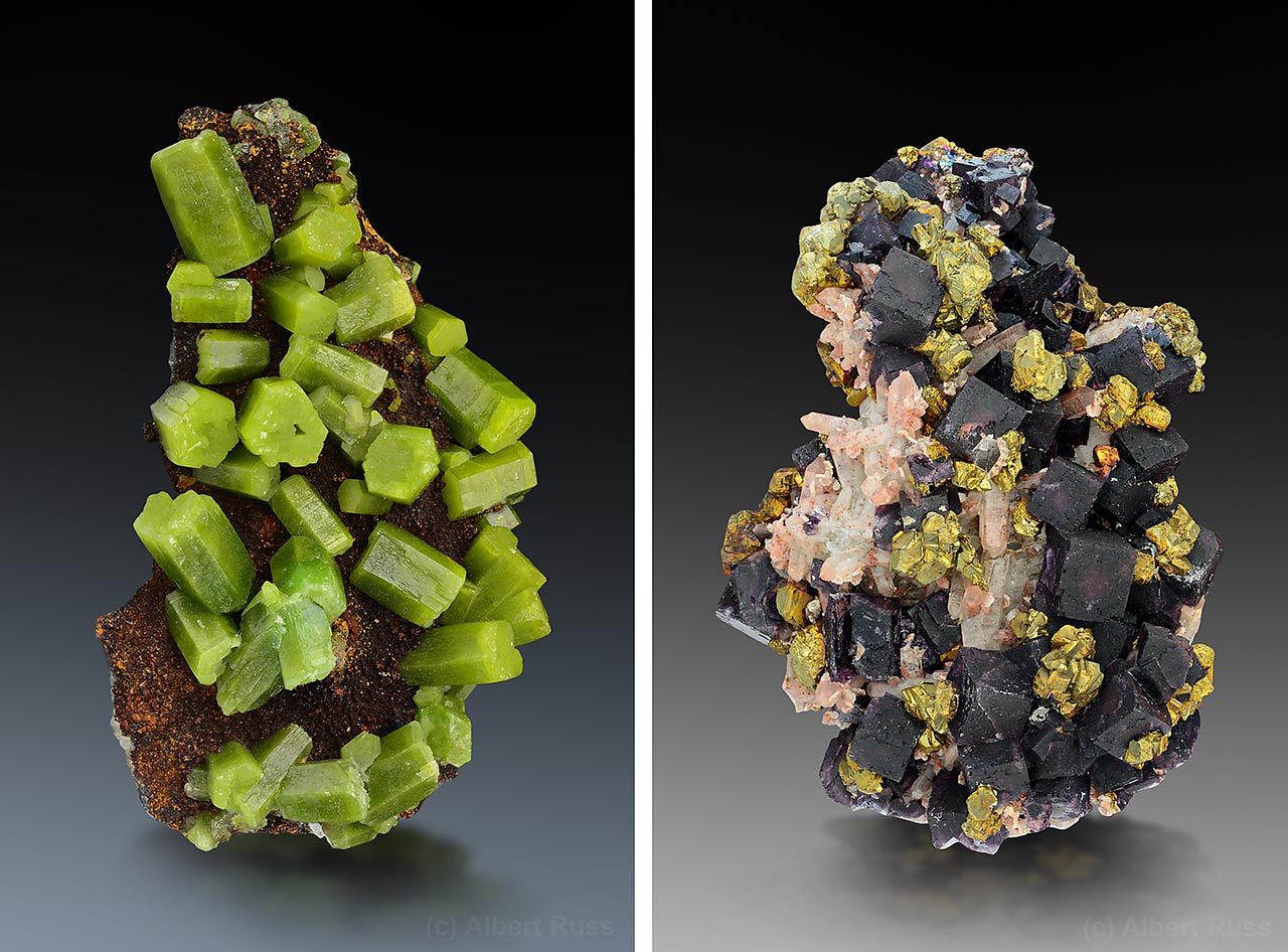 Pyromorphite and fluorite mineral specimens from classic Czech localities