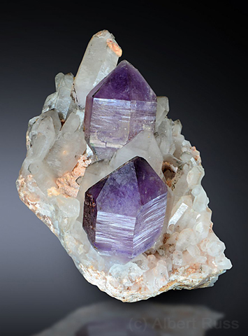 Purple amethyst scepter crystals on milky quartz from Namibia
