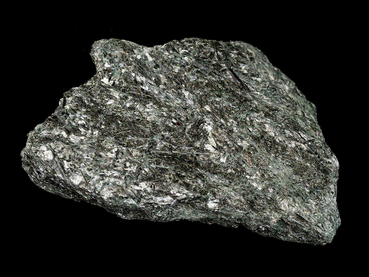 Alpine actinolite schist with dark green needle shaped crystals of actinolite from Habachtal, Austria