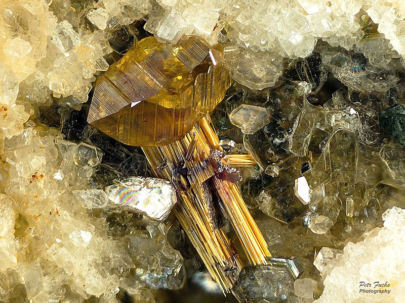Yellow anatase crystals with yellow needles of rutile from Gasteiner Tal, Austria