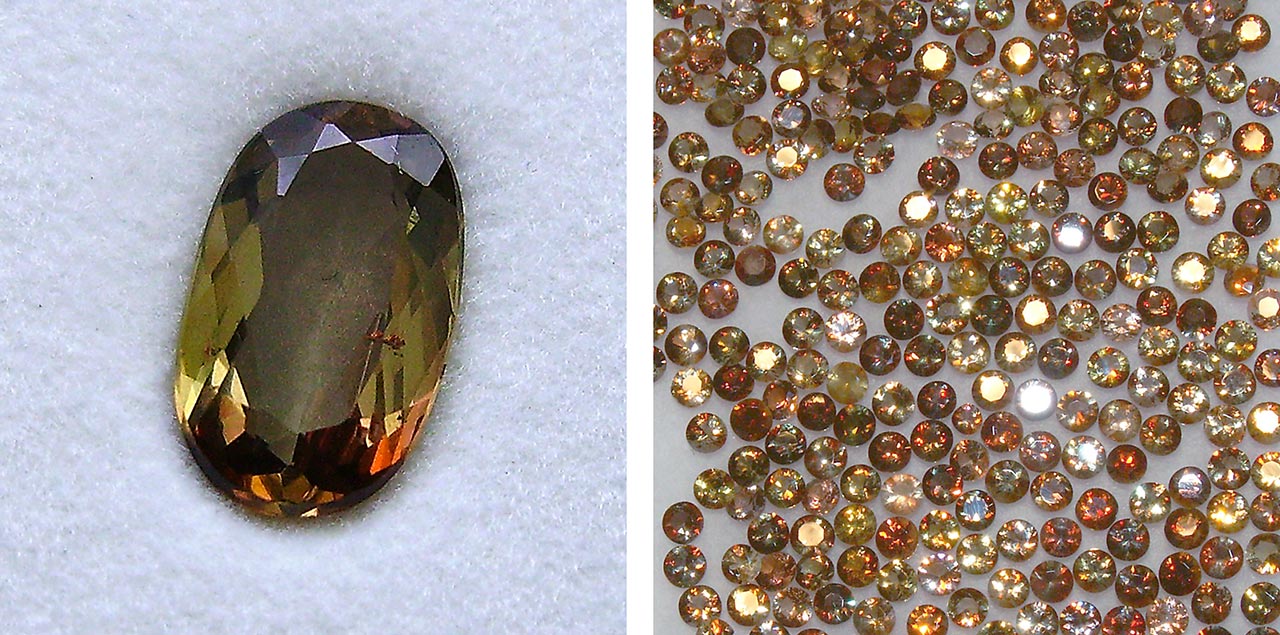 Faceted andalusite gemstones with visible trichroism