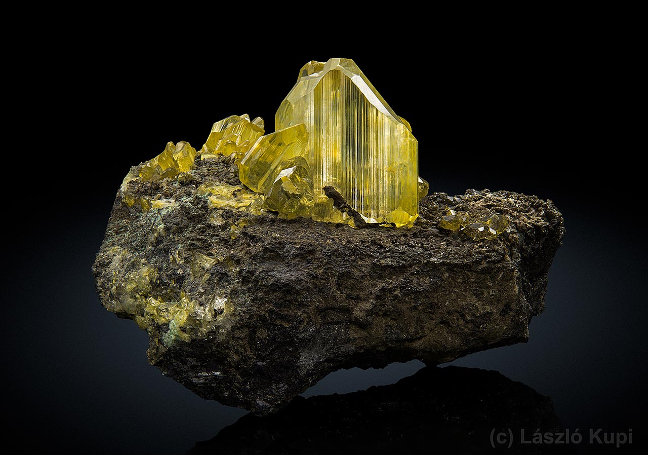 Yellow anglesite crystals on galena from Toussit, Oujda-Angad, Morocco