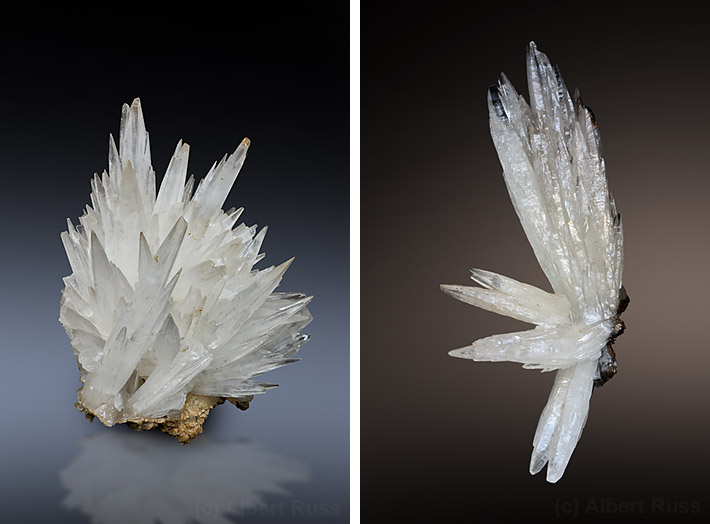 Elongated white aragonite crystal clusters from Podrečany, Slovakia