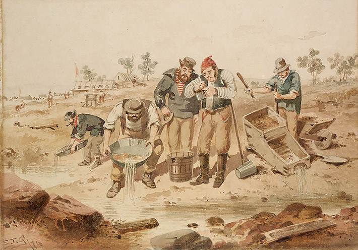 Tin dish washing and cradling of gold in 1874 in Australia