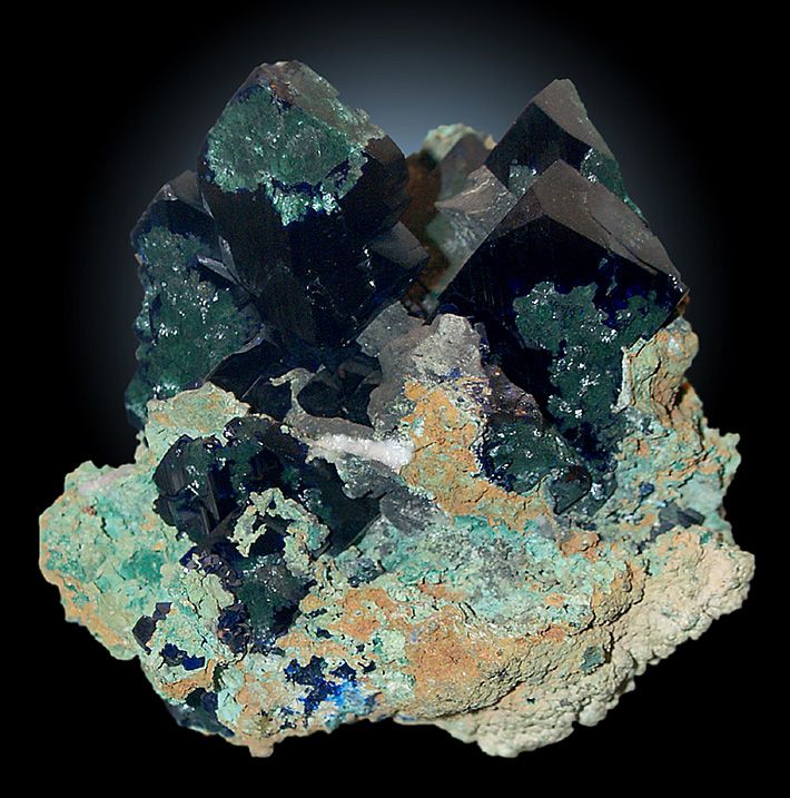 Cluster of well developed azurite crystals from Tsumeb, Namibia