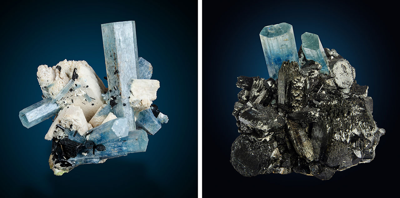 Crystal clusters with aquamarine, K-feldspar and tourmaline from Erongo, Namibia