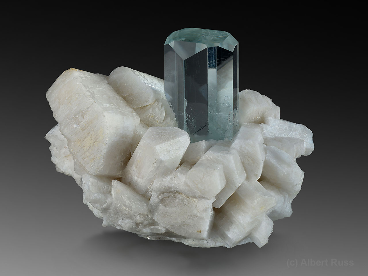 Gem quality aquamarine crystal on white K-feldspar from Shigar Valley, Pakistan