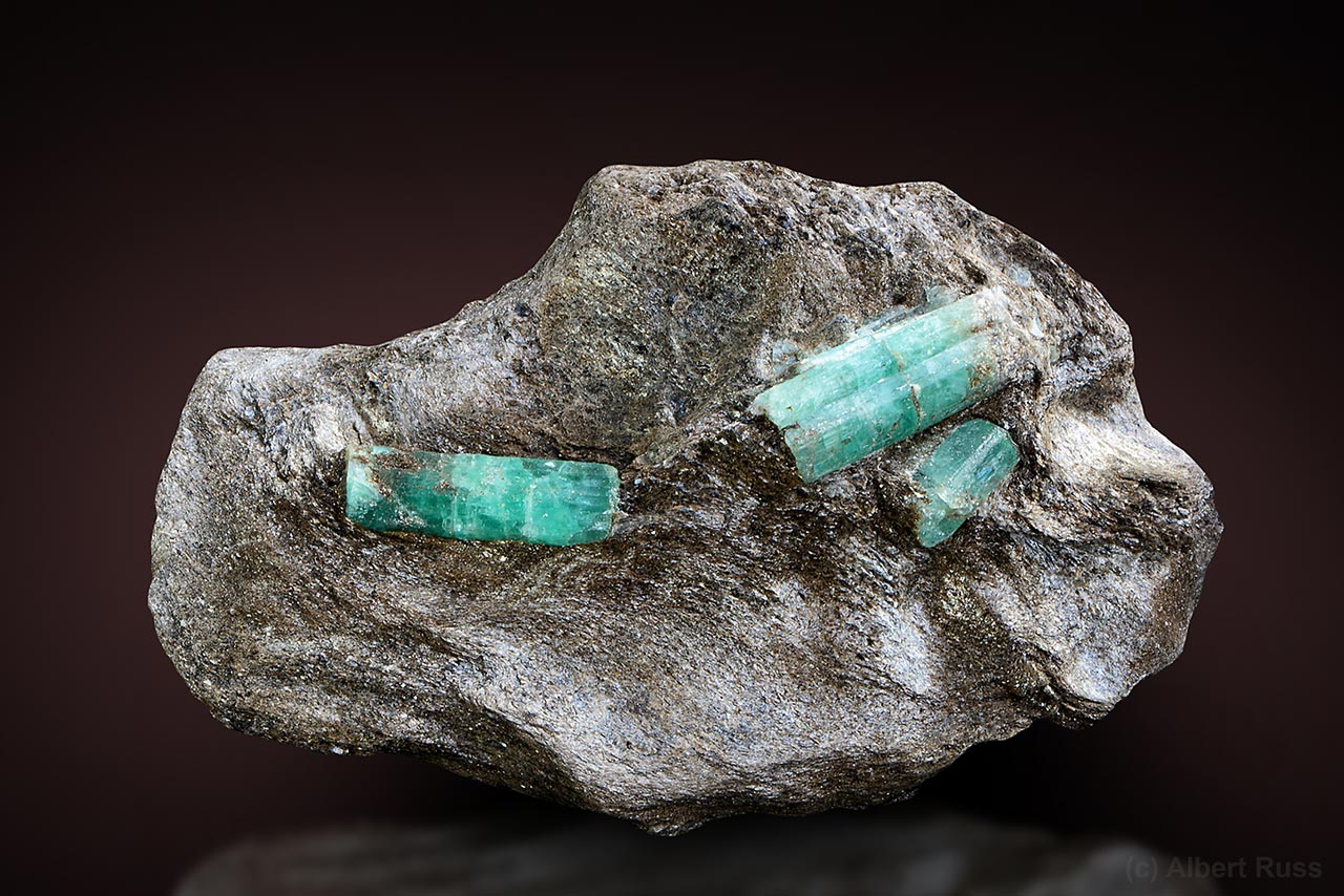 Emerald crystals in mica schist from Malyshevo, Russia