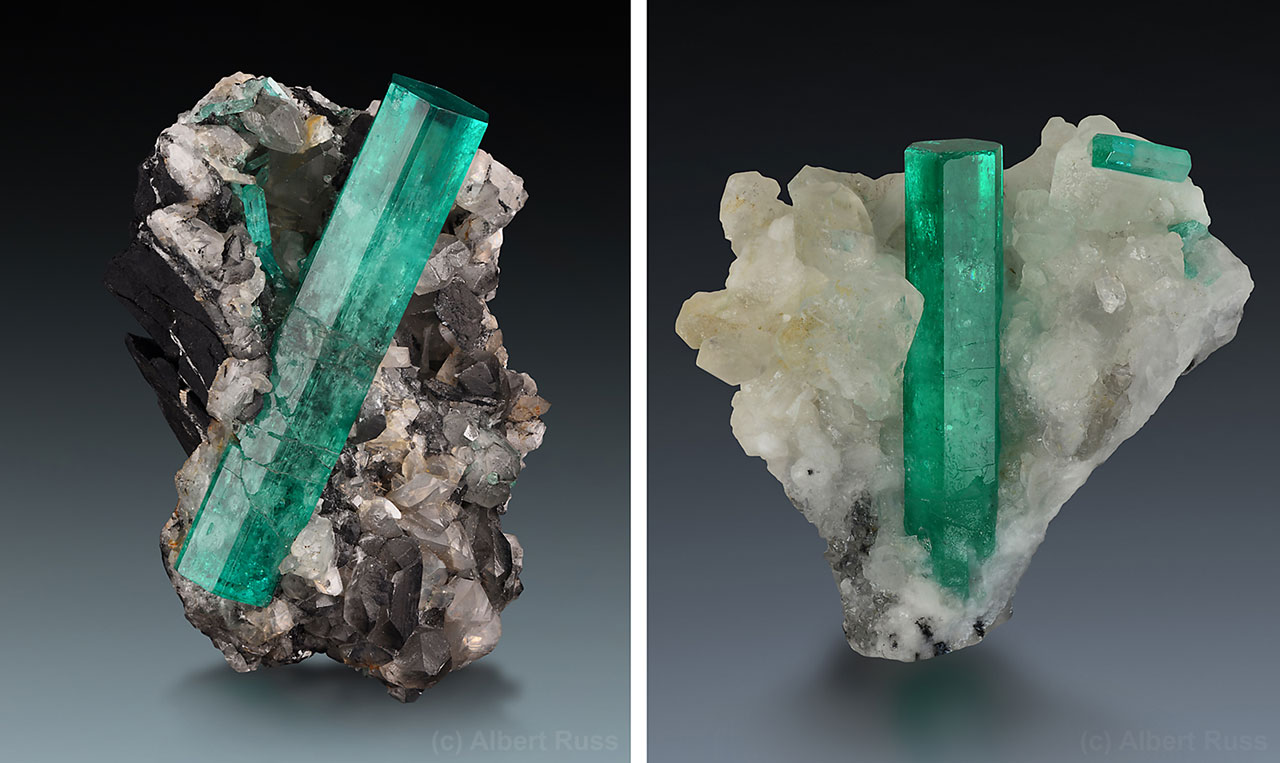 Perfect gemmy emerald crystals with calcite from  Colombia