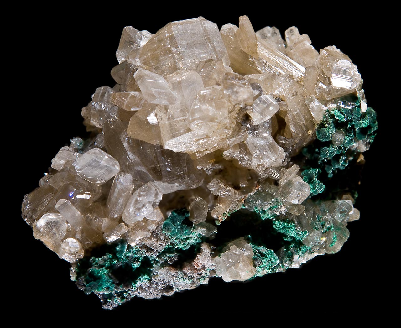 Cerussite crystals with malachite from Tsumeb, Namibia