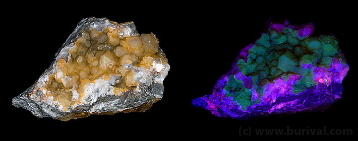 Chalceony layer on calcite in daylight and in the shortwave UV light