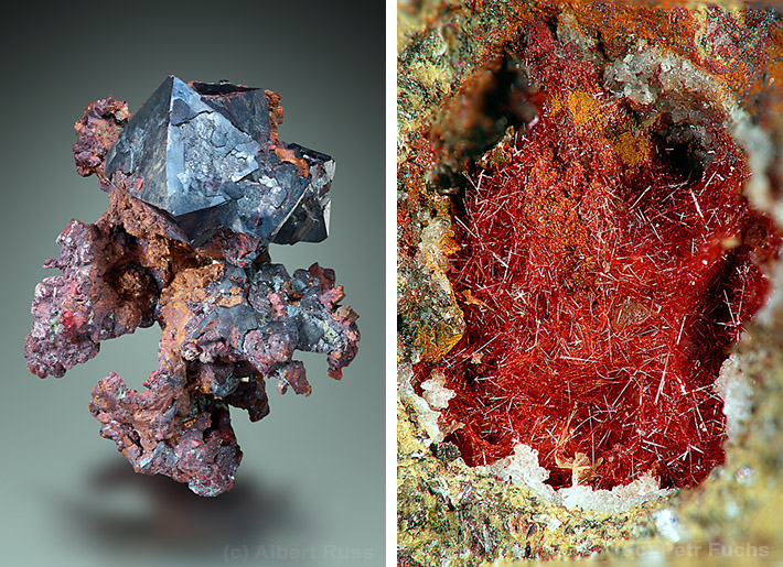 Cuprite crystals on native copper and red chalcotrichite needles