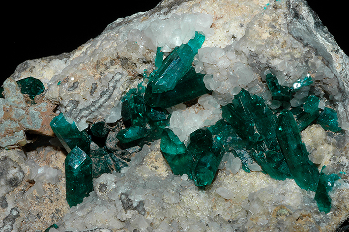 Dioptase crystals on calcite from Namibia