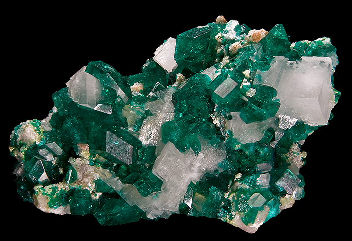 Cluster of green dioptase, white calcite  and yellow minrecordite from Tsumeb, Namibia