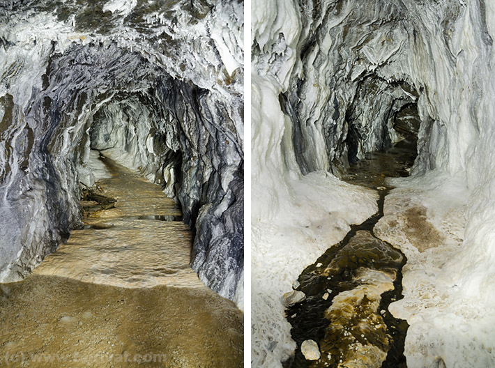 Massive aragonite coatings in the abandoned mines in Dobšiná, Slovakia